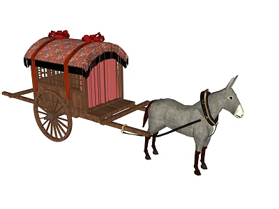 Donkey Drawn Wooden Carriage with Traditional Red Decorations and Curtains 3d model
