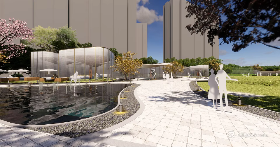 Modern Style Sales Office Building With Water Feature And Stone Paved Walkway 3d model 