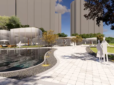 Modern Style Sales Office Building With Water Feature And Stone Paved Walkway 3d model