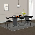 Modern Black Dining Table Set with Chairs Pendant Light Wall Art Flower Vase and Rug