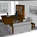 Modern Office Interior Design With Wooden Desk Leather Sofa Bookcase Window Blinds And Ceiling Lights