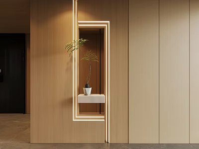 Modern Wooden Room Divider With LED Strip Lighting And Potted Plant Console 3d model