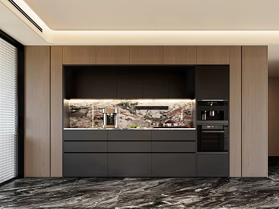 Modern Sideboard in Kitchen Interior With Wooden Panels Marble Countertop And Built in Appliances 3d model