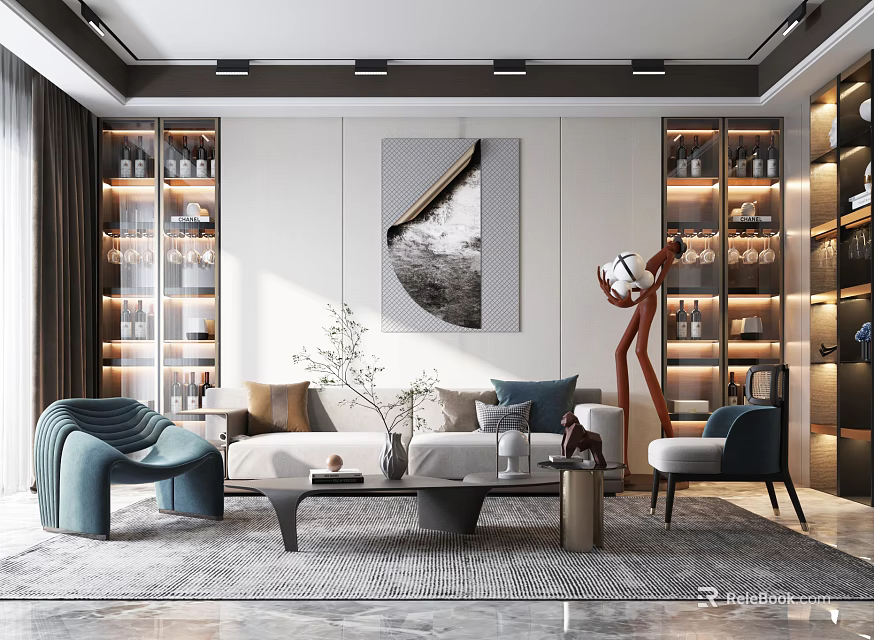 Modern Living Room Interior Design With Sofa Coffee Table Wall Art Bookshelves Accent Chair And Rug 3d model 