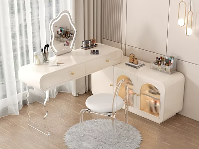 Modern White Dressing Table Interior With Round Mirror Acrylic Chair And Drawers 3d model