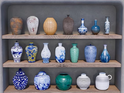 Ceramic Vessels Displayed on Wooden Shelves with Various Colors Shapes and Patterns 3d model