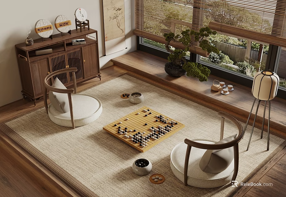 Traditional Mahjong Room Interior With Tatami Mat Go Board Wooden Furniture And Green Plants 3d model 