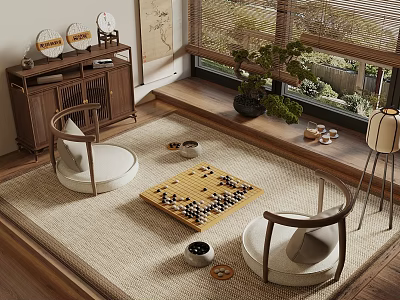 Traditional Mahjong Room Interior With Tatami Mat Go Board Wooden Furniture And Green Plants 3d model