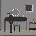 Modern Dark Wooden Vanity Table With Round Mirror Accent Chair And Wall Art