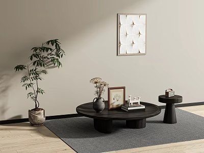 Black Coffee Table With Vase Photo Frame Books Green Plant On Gray Rug Wooden Floor 3d model