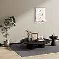 Black Coffee Table With Vase Photo Frame Books Green Plant On Gray Rug Wooden Floor