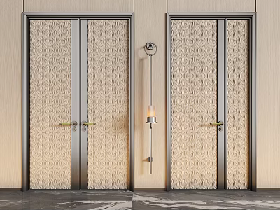 Modern Double Doors With Textured Panels Metal Frames And Wall Lamp In Interior 3d model