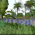 Lush Vibrant Tropical Garden Landscape With Blue Flowers Palm Trees And Metal Pergola