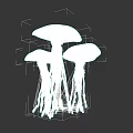 Three Green Mushroom Sculptures With Long Stems And Round Caps