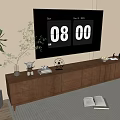 Modern Wooden TV Stand With Decorative Items Plants Fruit Tray And Striped Rug