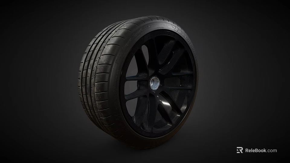 Black Car Wheel With Five Spoke Rim And Deep Tread Pattern 3d model 