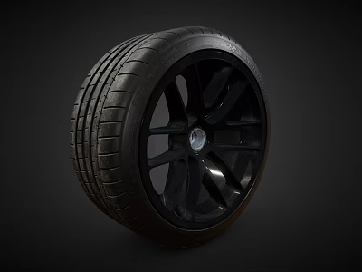 Black Car Wheel With Five Spoke Rim And Deep Tread Pattern 3d model
