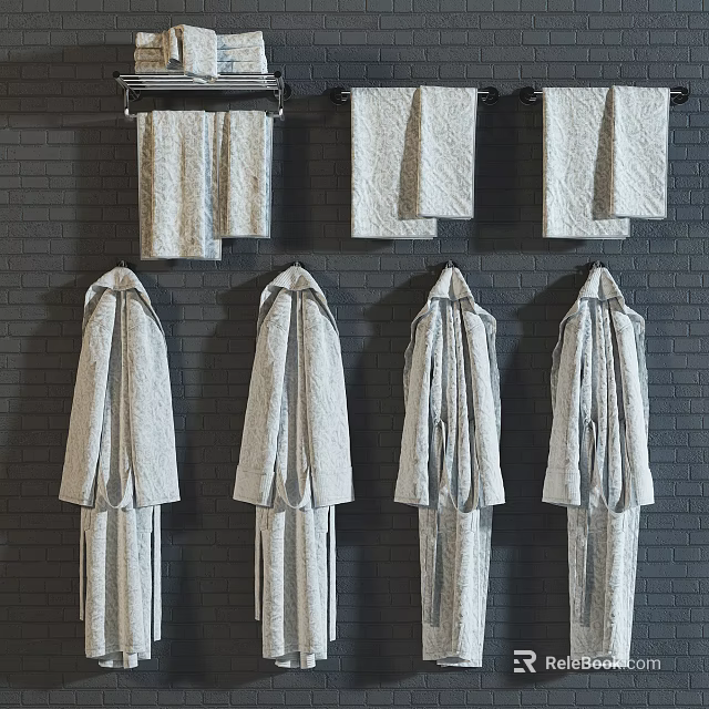 Four Cozy Bath Robes Hanging On Gray Brick Wall Interior With Three Soft Towels 3d model 