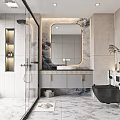 Modern Bathroom Interior With Marble Walls Glass Shower Oval Mirror And Wall Mounted Toilet