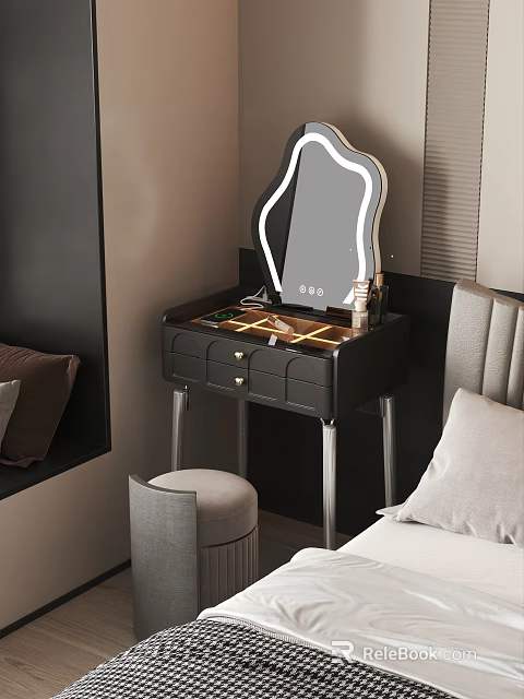 Modern Bedroom Interior With Black Dressing Table Mirror Gray Stool And Bed Pillows 3d model 