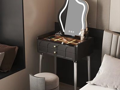 Modern Bedroom Interior With Black Dressing Table Mirror Gray Stool And Bed Pillows 3d model