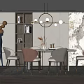 Modern Dining Room Interior With Round Chandelier Gray Brown Chairs Bookshelf And Decorative Wall Art