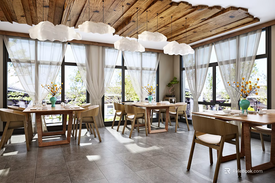 Restaurant Interior with Wooden Ceiling Cloud Pendant Lights Large Windows Wooden Tables and Chairs 3d model 