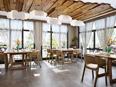 Restaurant Interior with Wooden Ceiling Cloud Pendant Lights Large Windows Wooden Tables and Chairs 3d model