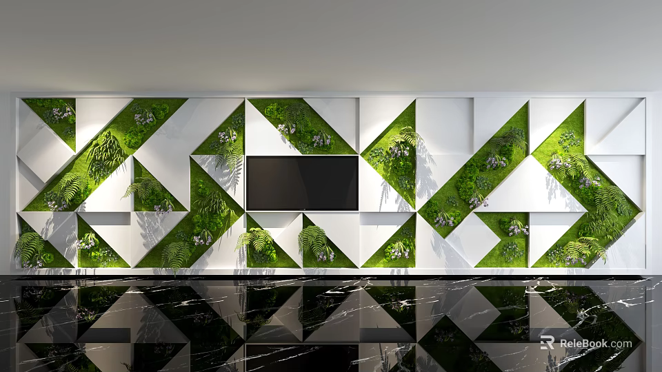 Modern Green Wall with Geometric White Panels Lush Plants and TV Screen 3d model 