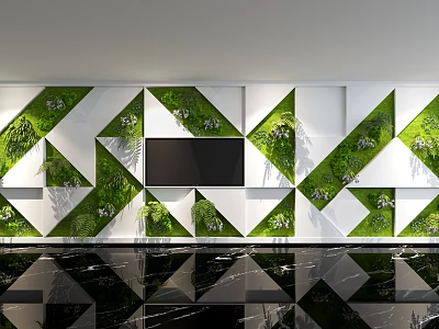 Modern Green Wall with Geometric White Panels Lush Plants and TV Screen 3d model