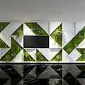 Modern Green Wall with Geometric White Panels Lush Plants and TV Screen
