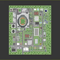 Colorful Cartoon City Scene With Tall Buildings Stadium Green Areas And Trees