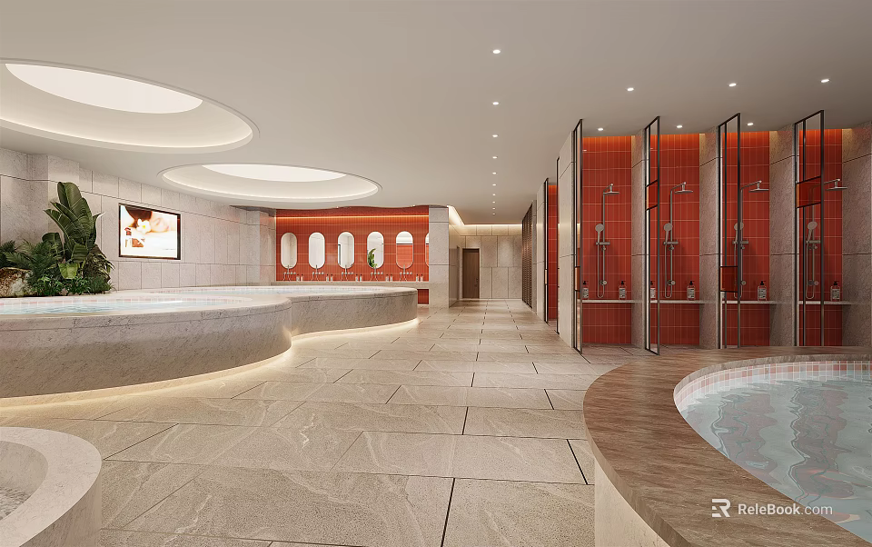 Luxurious SPA Sauna Interior Design With Marble Flooring Jacuzzi Tub And Shower Cabins 3d model 