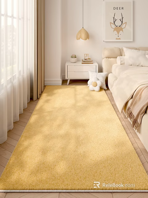 Yellow Square Rug in Cozy Bedroom with White Curtains Beige Sofa and Plush Toy 3d model 