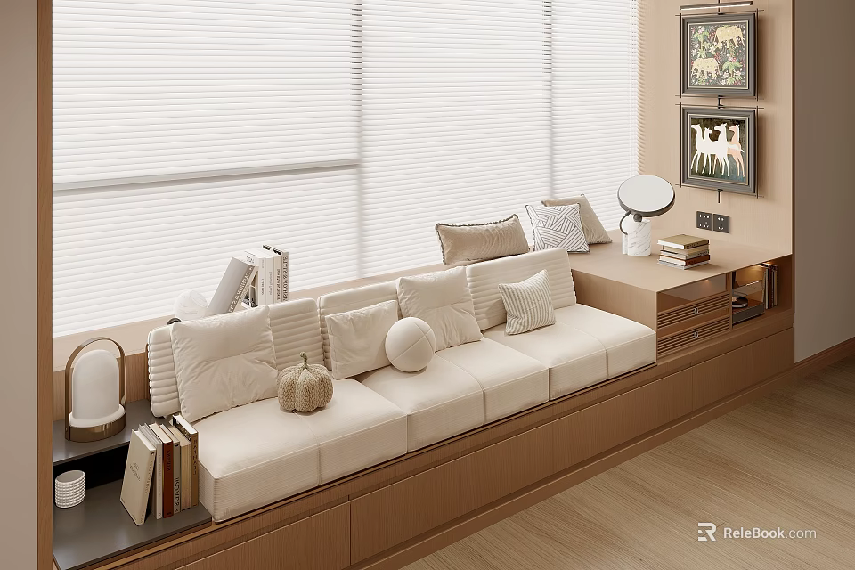 Cozy Bay Window Interior Design With Soft Cushions Pillows Books And Decorative Lamp 3d model 