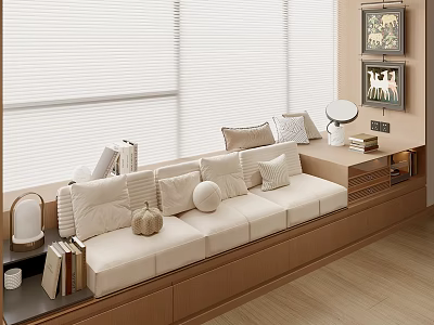 Cozy Bay Window Interior Design With Soft Cushions Pillows Books And Decorative Lamp 3d model