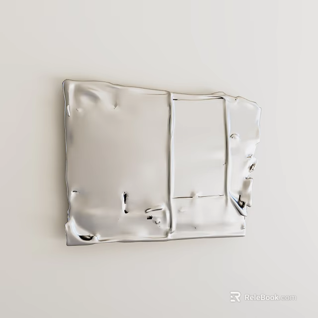 Silver Metal Decorative Panel With Irregular Edges Wrinkles Holes On White Wall 3d model 