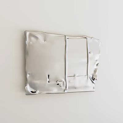 Silver Metal Decorative Panel With Irregular Edges Wrinkles Holes On White Wall 3d model