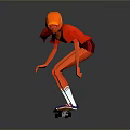 Child In Red Outfit And Orange Hat Riding Skateboard On Gray Background With Reflective Ground