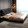 Modern Bedroom Interior With Black Leather Tufted Headboard Bed Nightstand Table Lamp And Gray Rug