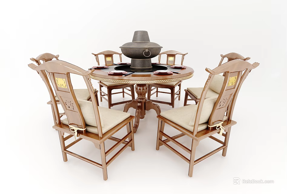 Traditional Round Dining Table Set With Central Hot Pot And Six Wooden Carved Chairs 3d model 