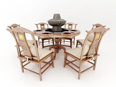 Traditional Round Dining Table Set With Central Hot Pot And Six Wooden Carved Chairs 3d model