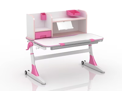 Pink And White Kids Study Desk With Adjustable Height Drawer Storage Shelf And Rolling Casters 3d model