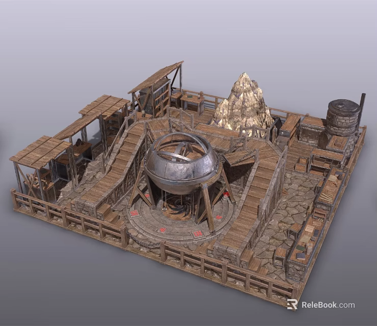 Rustic Outdoor Architectural Structure With Wooden Walkways Metal Dome Stone Pile And Barrels 3d model 