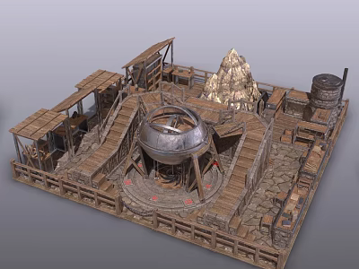 Rustic Outdoor Architectural Structure With Wooden Walkways Metal Dome Stone Pile And Barrels 3d model