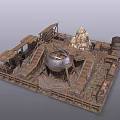 Rustic Outdoor Architectural Structure With Wooden Walkways Metal Dome Stone Pile And Barrels
