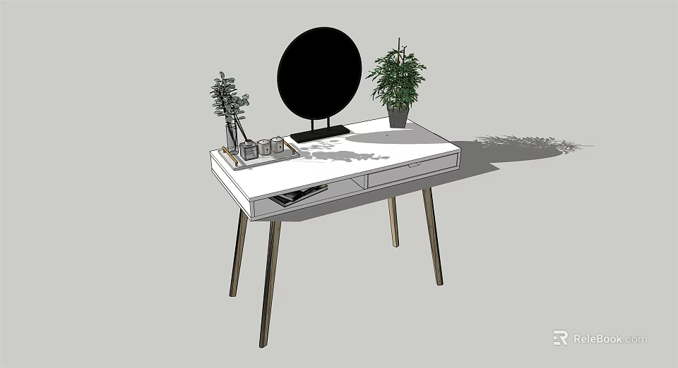 Modern White Dressing Table With Black Round Mirror Green Plants And Drawers 3d model 