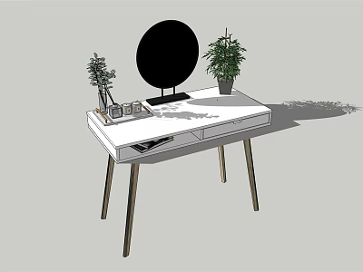 Modern White Dressing Table With Black Round Mirror Green Plants And Drawers 3d model