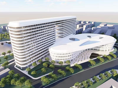 Modern Hotel Building With Curved Roof Glass Facade And Greenery Surroundings 3d model