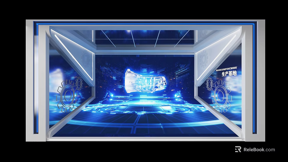 Futuristic Interior Space With Blue Holographic Tech Display And Mechanical Details 3d model 
